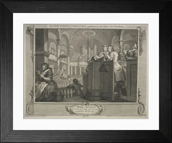 Framed Print : Industry and Idleness: The Industrious Prentice Performing the Duty of a Christian, 1747 Framed Print : Industry and Idleness: The Industrious Prentice Performing the Duty of a Christian, 1747