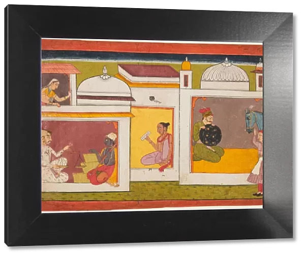 Inside a building, Madhava sits facing a man holding a scale, from a Madhavanala