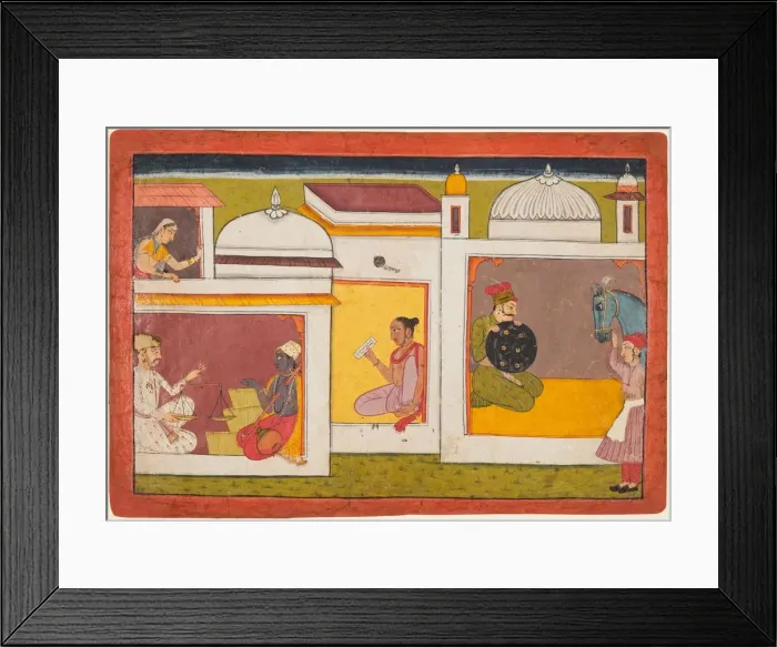 Framed Print : Inside a building, Madhava sits facing a man holding a scale, from a Madhavanala Framed Print : Inside a building, Madhava sits facing a man holding a scale, from a Madhavanala