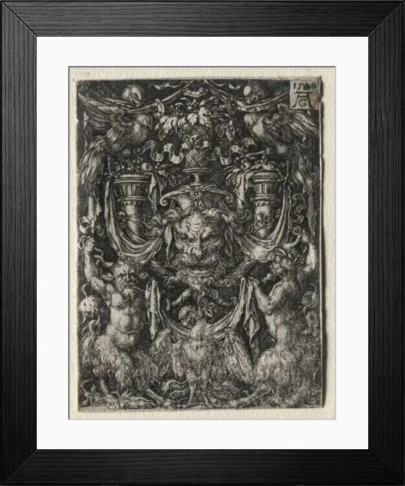 Framed Print : Ornament Design with a Mask and an Eagle between Two Fauns Below, 1509 Framed Print : Ornament Design with a Mask and an Eagle between Two Fauns Below, 1509