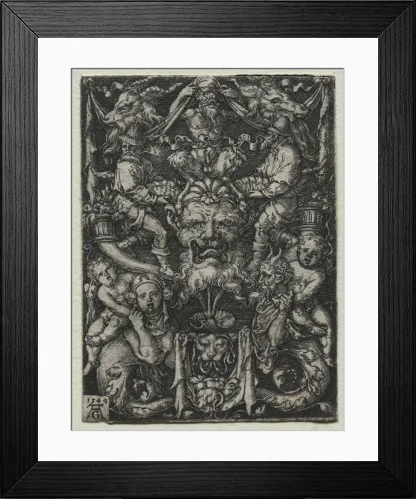 Framed Print : Ornament Design with a Mask, A Couple of Tritons, and Two Children Below, 1549. Creator Framed Print : Ornament Design with a Mask, A Couple of Tritons, and Two Children Below, 1549. Creator