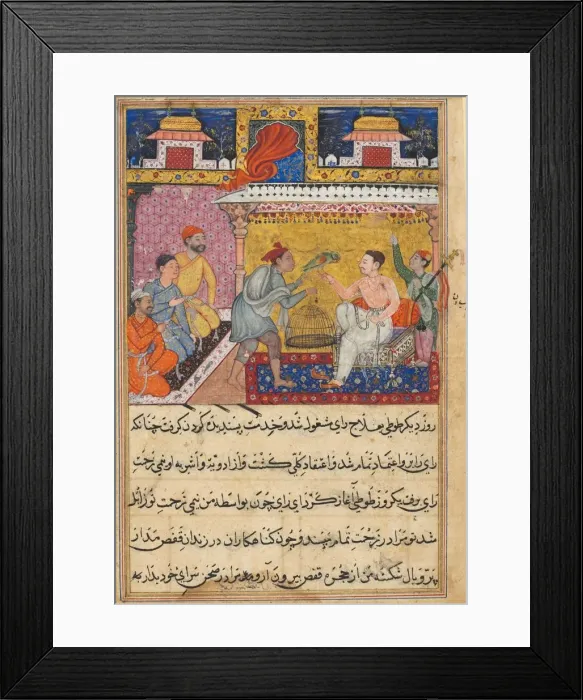 Framed Print : Page from Tales of a Parrot (Tuti-nama): Fifth night: The hunter offers the mother Framed Print : Page from Tales of a Parrot (Tuti-nama): Fifth night: The hunter offers the mother