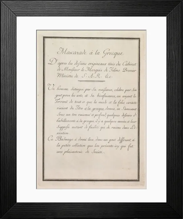 Framed Print : Mascarade a la Grecque: Title Page (Plate 1), 1771. Creator: Benigno Bossi (Italian Framed Print : Mascarade a la Grecque: Title Page (Plate 1), 1771. Creator: Benigno Bossi (Italian