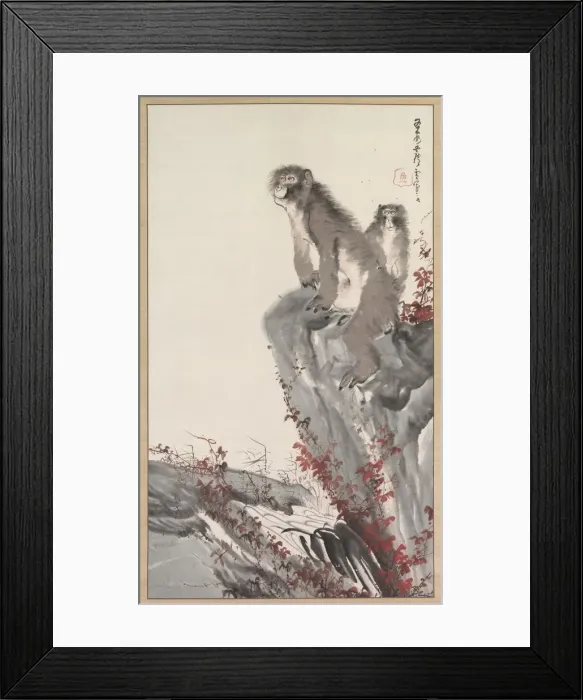 Framed Print : Monkeys by a Stream, mid-1800s. Creator: Nagasawa Rosetsu (Japanese, 1754-1799), style of Framed Print : Monkeys by a Stream, mid-1800s. Creator: Nagasawa Rosetsu (Japanese, 1754-1799), style of