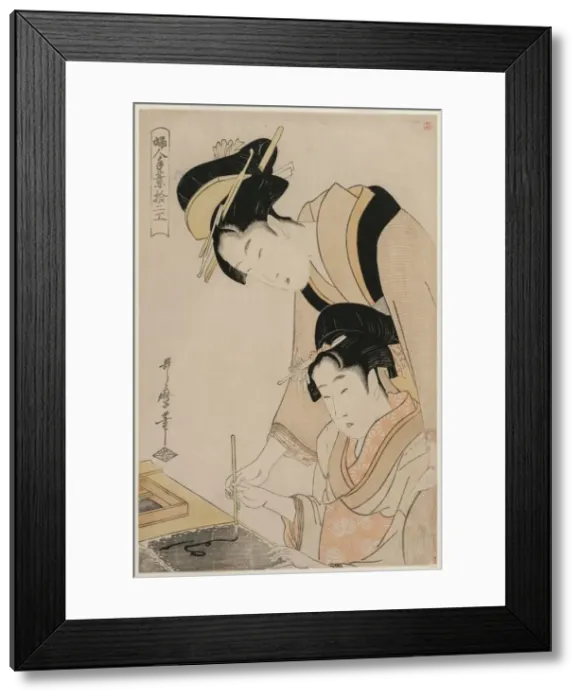 Framed Print : Mother Teaching her Daughter Calligraphy, from the series, Twelve Occupations of Women, c Framed Print : Mother Teaching her Daughter Calligraphy, from the series, Twelve Occupations of Women, c
