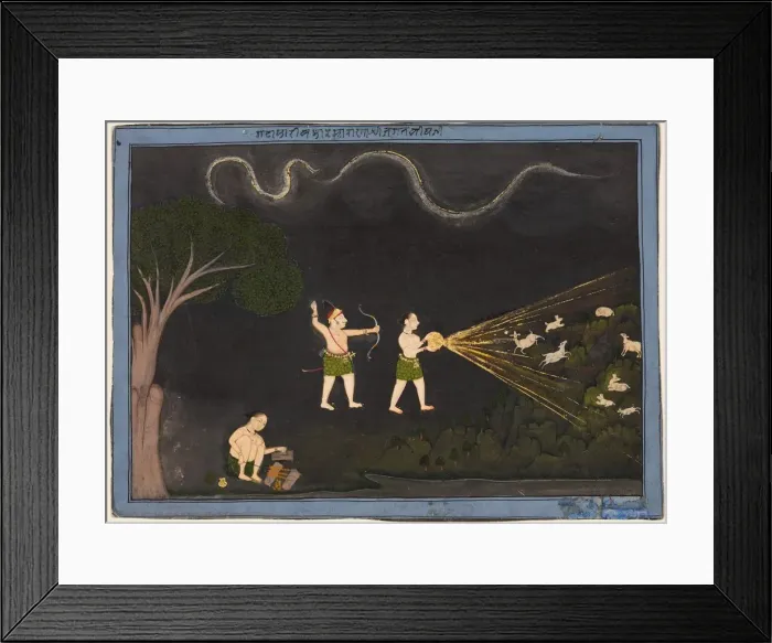Framed Print : Maharana Jagat Singh dressed as a Bhil, hunting deer at night, c. 1735-40. Creator: Unknown Framed Print : Maharana Jagat Singh dressed as a Bhil, hunting deer at night, c. 1735-40. Creator: Unknown