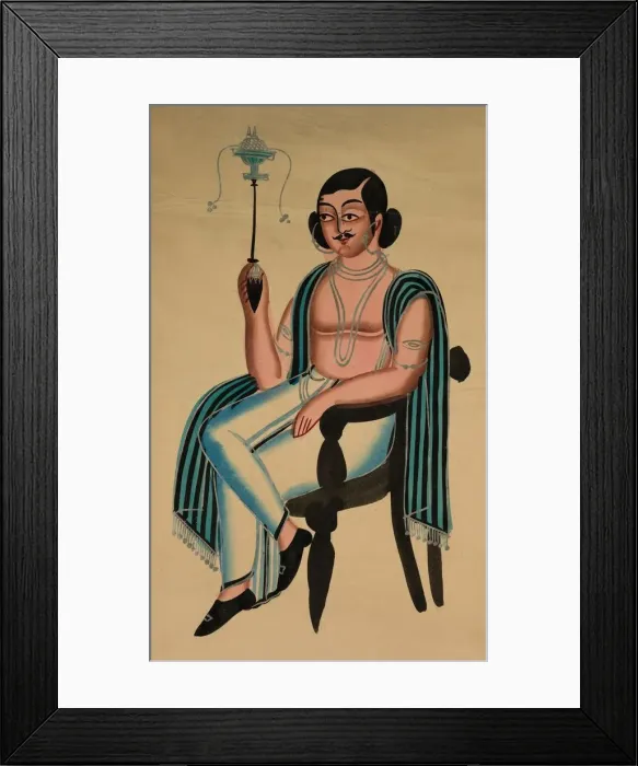 Framed Print : Man Seated in a European Chair Smoking a Margila Pipe, c. 1880. Creator: Unknown Framed Print : Man Seated in a European Chair Smoking a Margila Pipe, c. 1880. Creator: Unknown