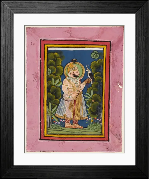 Framed Print : Maharana Jawan Singh (r. 1828-38) in a forest holding a hawk, c. 1835. Creator: Ghasi (Indian Framed Print : Maharana Jawan Singh (r. 1828-38) in a forest holding a hawk, c. 1835. Creator: Ghasi (Indian