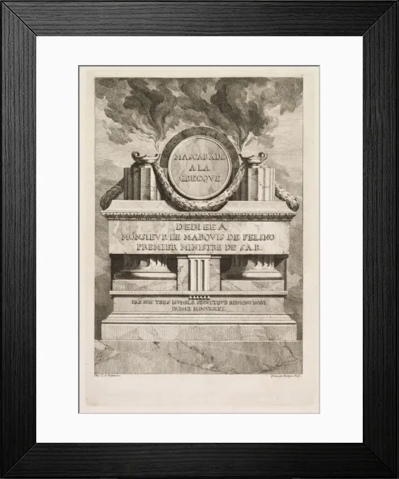Framed Print : Mascarade a la Grecque: Dedication Page, 1771. Creator: Benigno Bossi (Italian, 1727-1792) Framed Print : Mascarade a la Grecque: Dedication Page, 1771. Creator: Benigno Bossi (Italian, 1727-1792)