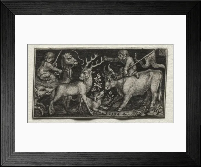 Framed Print : Monkeys Riding a Camel and a Bull, 1594. Creator: Nicolaes de Bruyn (Netherlandish, 1571-1656); A Framed Print : Monkeys Riding a Camel and a Bull, 1594. Creator: Nicolaes de Bruyn (Netherlandish, 1571-1656); A