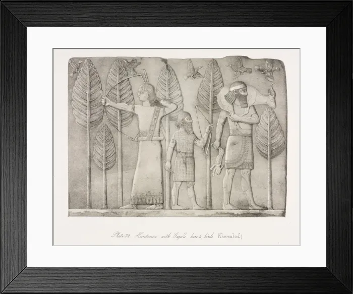 Framed Print : Monuments of Ninevah: Plate 32, Huntsmen with Gazelle, Hare and Birds (Khorsabad), 1853 Framed Print : Monuments of Ninevah: Plate 32, Huntsmen with Gazelle, Hare and Birds (Khorsabad), 1853
