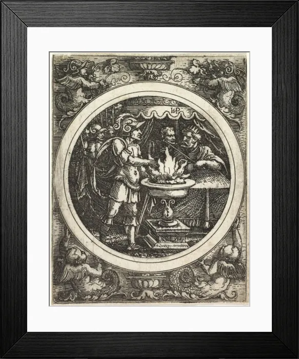 Framed Print : Mucius Scaevola Holding His Hand in the Fire, c. 1520. Creator: Hans Sebald Beham (German