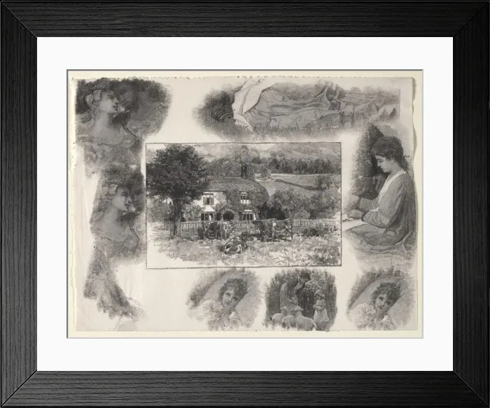 Framed Print : Landscape with Cottage and Cows Surrounded by Various Sketches. Creator: Henry Wolf (American Framed Print : Landscape with Cottage and Cows Surrounded by Various Sketches. Creator: Henry Wolf (American