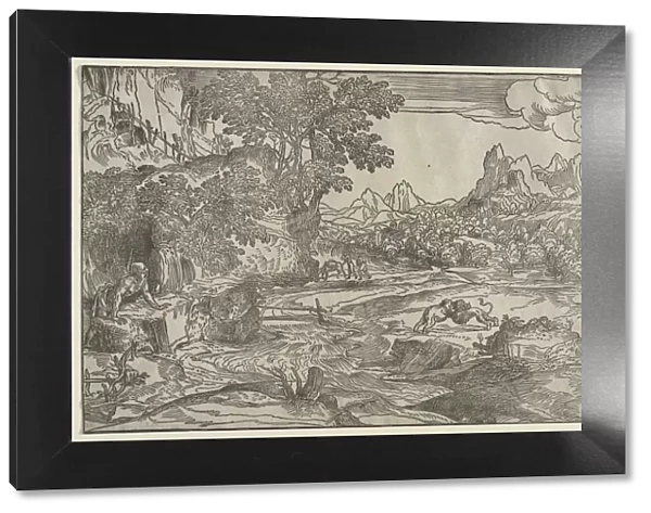 Landscape with Saint Jerome and Two Lions, c. 1530-35. Creator: Domenico Campagnola (Italian