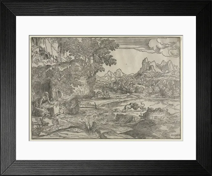 Framed Print : Landscape with Saint Jerome and Two Lions, c. 1530-35. Creator: Domenico Campagnola (Italian Framed Print : Landscape with Saint Jerome and Two Lions, c. 1530-35. Creator: Domenico Campagnola (Italian
