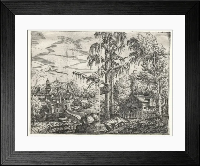 Framed Print : Landscape with the Town on a River and The Cottage between Trees, 1551. Creator: Hanns Lautensack Framed Print : Landscape with the Town on a River and The Cottage between Trees, 1551. Creator: Hanns Lautensack