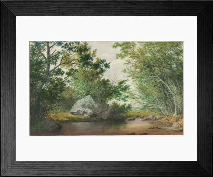 Framed Print : Landscape with Wooded Stream and Boulder, c. 1880s. Creator: William Allen Wall (American Framed Print : Landscape with Wooded Stream and Boulder, c. 1880s. Creator: William Allen Wall (American