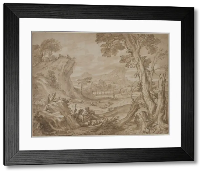 Framed Print : Landscape with Shepherds, c. 1700?. Creator: Domenico I Piola (Italian, 1627-1703) Framed Print : Landscape with Shepherds, c. 1700?. Creator: Domenico I Piola (Italian, 1627-1703)