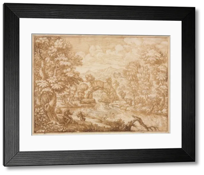 Framed Print : River Landscape with Arched Rock, second half 1600s. Creator: Crescenzio di Onofrio (Italian Framed Print : River Landscape with Arched Rock, second half 1600s. Creator: Crescenzio di Onofrio (Italian