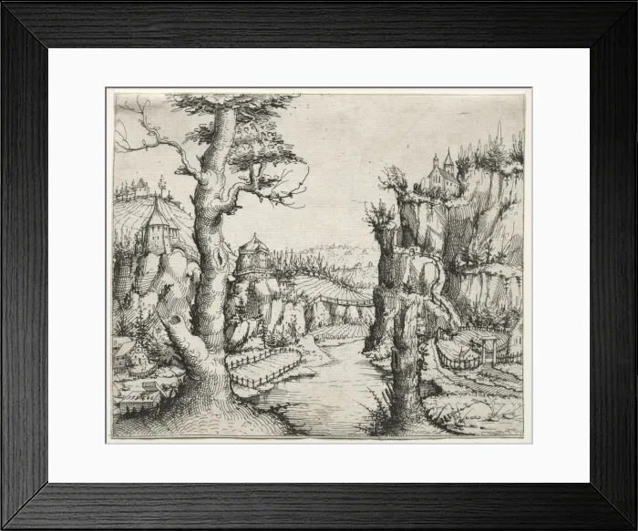 Framed Print : River Landscape with rocks at left ana at right, 1546. Creator: Augustin Hirschvogel (German Framed Print : River Landscape with rocks at left ana at right, 1546. Creator: Augustin Hirschvogel (German
