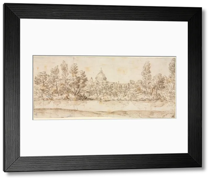 Framed Print : River Landscape with View of St. Peters Basilica, after 1660 Framed Print : River Landscape with View of St. Peters Basilica, after 1660