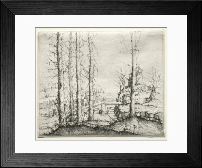 Framed Print : River Landscape with Five Bare Spruce Trees in the Foreground, 1549 Framed Print : River Landscape with Five Bare Spruce Trees in the Foreground, 1549