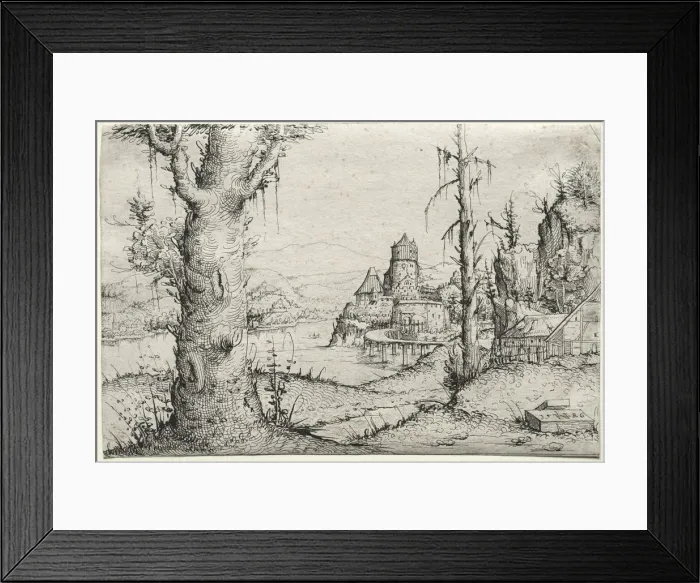 Framed Print : River landscape with large tree at left, 1546. Creator: Augustin Hirschvogel (German, 1503-1553) Framed Print : River landscape with large tree at left, 1546. Creator: Augustin Hirschvogel (German, 1503-1553)