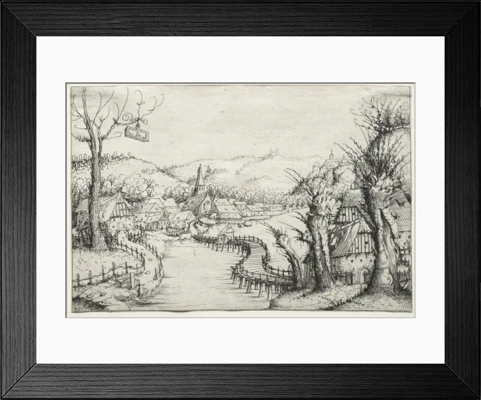 Framed Print : River Landscape with three bare willow-trees at right and a long winding wooden bridge Framed Print : River Landscape with three bare willow-trees at right and a long winding wooden bridge