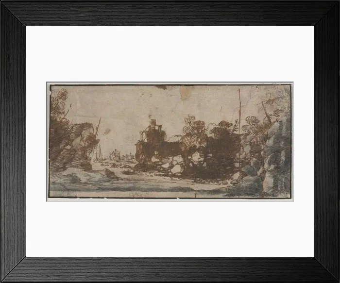 Framed Print : Rocky Inlet with Boats and Buildings (recto); Sketches of Castles (verso), 1600s. Creator: Unknown Framed Print : Rocky Inlet with Boats and Buildings (recto); Sketches of Castles (verso), 1600s. Creator: Unknown