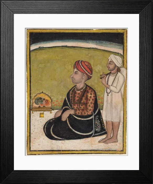 Framed Print : Noble seated on an outdoor parapet worshiping a shrine of Krishna fluting, c. 1800 Framed Print : Noble seated on an outdoor parapet worshiping a shrine of Krishna fluting, c. 1800