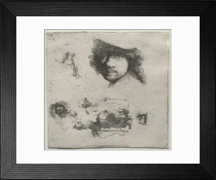 Framed Print : Sheet of Studies: Self-Portrait, a Beggar Couple, etc. c. 1632. Creator: Rembrandt van Rijn Framed Print : Sheet of Studies: Self-Portrait, a Beggar Couple, etc. c. 1632. Creator: Rembrandt van Rijn