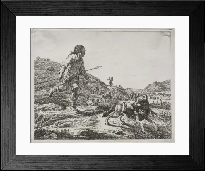 Framed Print : Shepherd Chasing a Wolf, 1803. Creator: Adam von Bartsch (Austrian, 1757-1821) Framed Print : Shepherd Chasing a Wolf, 1803. Creator: Adam von Bartsch (Austrian, 1757-1821)