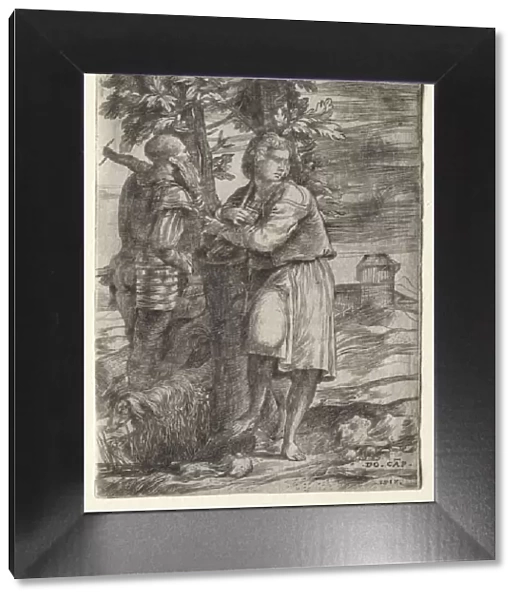 Shepherd and Old Warrior, 1517. Creator: Domenico Campagnola (Italian, 1500-1564)