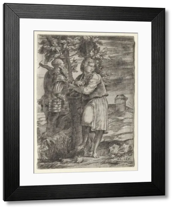Framed Print : Shepherd and Old Warrior, 1517. Creator: Domenico Campagnola (Italian, 1500-1564) Framed Print : Shepherd and Old Warrior, 1517. Creator: Domenico Campagnola (Italian, 1500-1564)