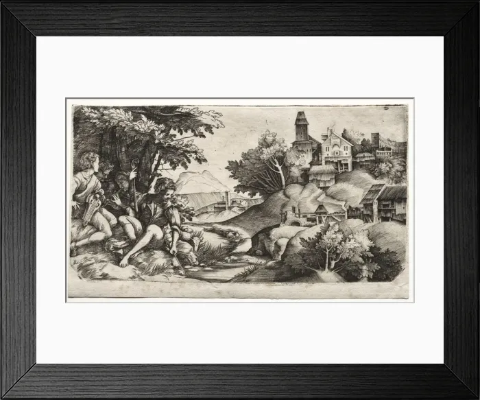 Framed Print : Shepherds in a Landscape, c. 1517. Creator: Giulio Campagnola (Italian, 1482-1515) Framed Print : Shepherds in a Landscape, c. 1517. Creator: Giulio Campagnola (Italian, 1482-1515)