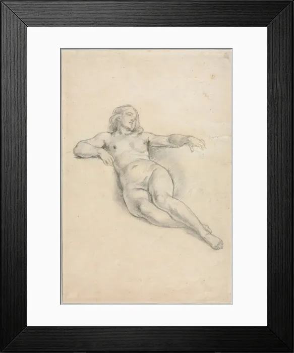 Framed Print : Reclining Female Nude (recto); Various Sketches of Figures and Plants (verso), 19th century Framed Print : Reclining Female Nude (recto); Various Sketches of Figures and Plants (verso), 19th century
