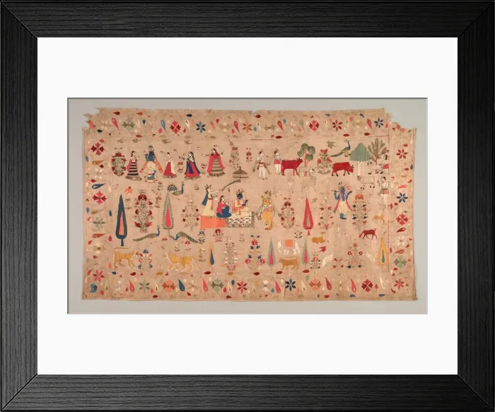 Framed Print : Rumal Decorated with Scenes of Krishnas Life, 1700s. Creator: Unknown Framed Print : Rumal Decorated with Scenes of Krishnas Life, 1700s. Creator: Unknown