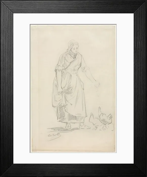 Framed Print : Peasant Girl Feeding Chickens, 1800s(?). Creator: Jean Baptiste Camille Corot (French, 1796-1875) Framed Print : Peasant Girl Feeding Chickens, 1800s(?). Creator: Jean Baptiste Camille Corot (French, 1796-1875)