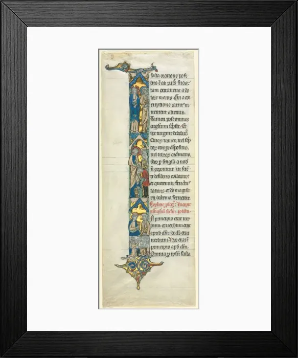 Framed Print : Partial Leaf from a Latin Bible: Initial I[n principio] with the Marriage at Cana, c