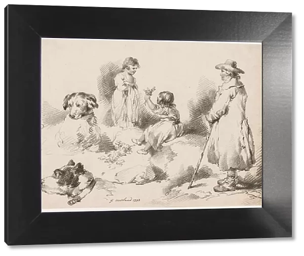 Studies of Children (Two Little Girls); Two Dogs; A Man, 1793. Creator: J. Harris