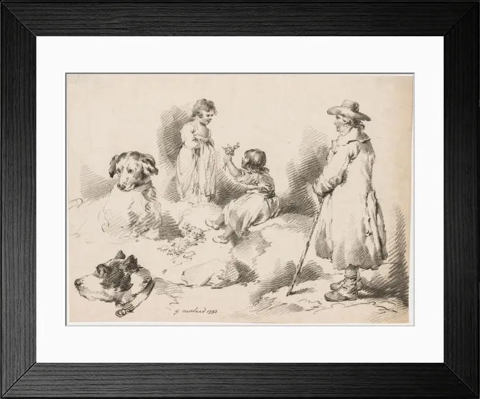 Framed Print : Studies of Children (Two Little Girls); Two Dogs; A Man, 1793. Creator: J. Harris Framed Print : Studies of Children (Two Little Girls); Two Dogs; A Man, 1793. Creator: J. Harris