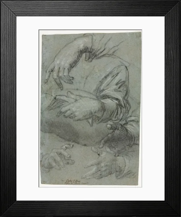 Framed Print : Studies of Hands (recto); Sketch of a Childs Head (verso), c. 1586. Creator: Carletto Caliari Framed Print : Studies of Hands (recto); Sketch of a Childs Head (verso), c. 1586. Creator: Carletto Caliari
