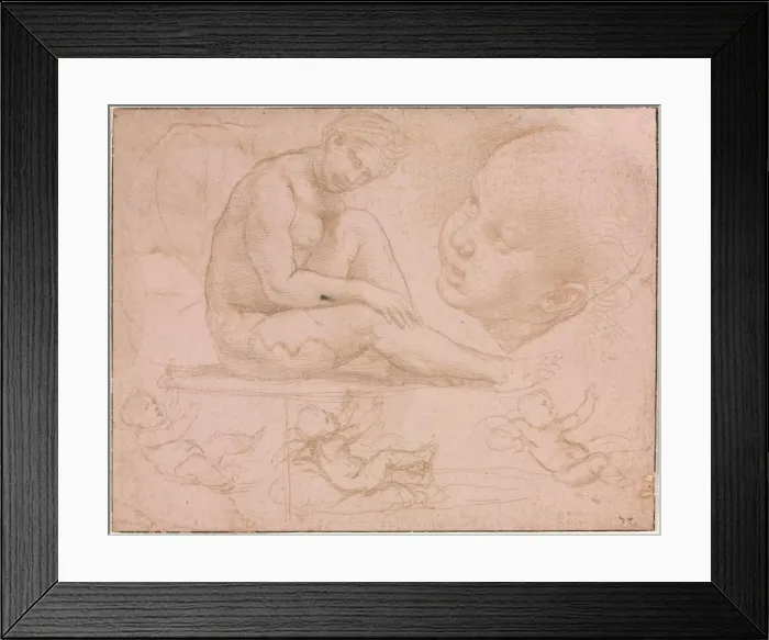 Framed Print : Studies of a Seated Female, Childs Head, and Three Studies of a Baby, c. 1507-8. Creator