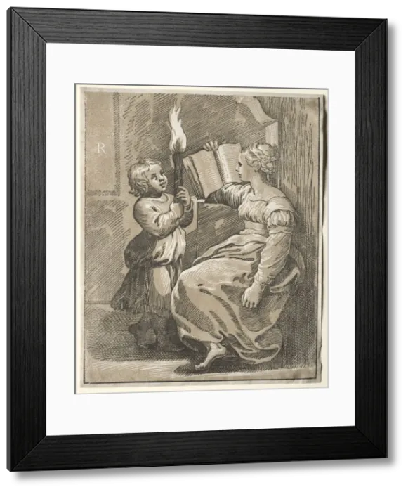 Framed Print : Sibyl Reading with a Child Holding a Torch, 1518-27. Creator: Ugo da Carpi (Italian, c Framed Print : Sibyl Reading with a Child Holding a Torch, 1518-27. Creator: Ugo da Carpi (Italian, c