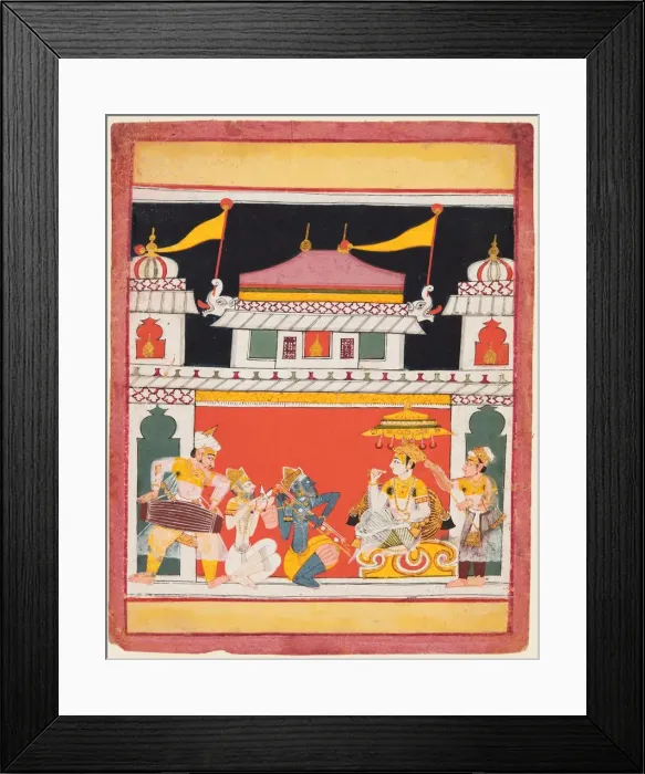Framed Print : Shri Raga, from a Ragamala series; Three musicians perform before a noble, c. 1650 Framed Print : Shri Raga, from a Ragamala series; Three musicians perform before a noble, c. 1650