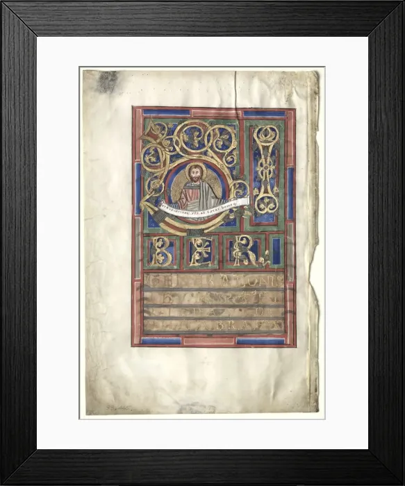 Framed Print : Single Leaf Excised from a Gospel Book with Initial L[iber generationis]: St. Matthew (verso)