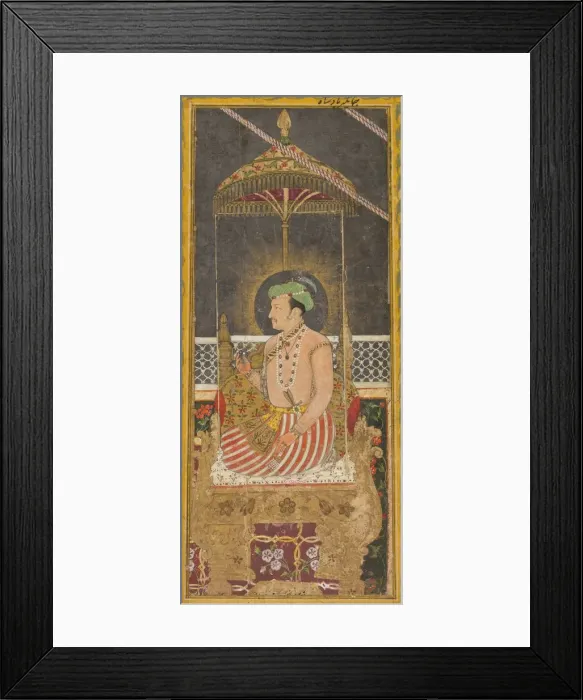 Framed Print : Posthumous portrait of Emperor Jahangir under a canopy (recto); Calligraphy (verso), c Framed Print : Posthumous portrait of Emperor Jahangir under a canopy (recto); Calligraphy (verso), c
