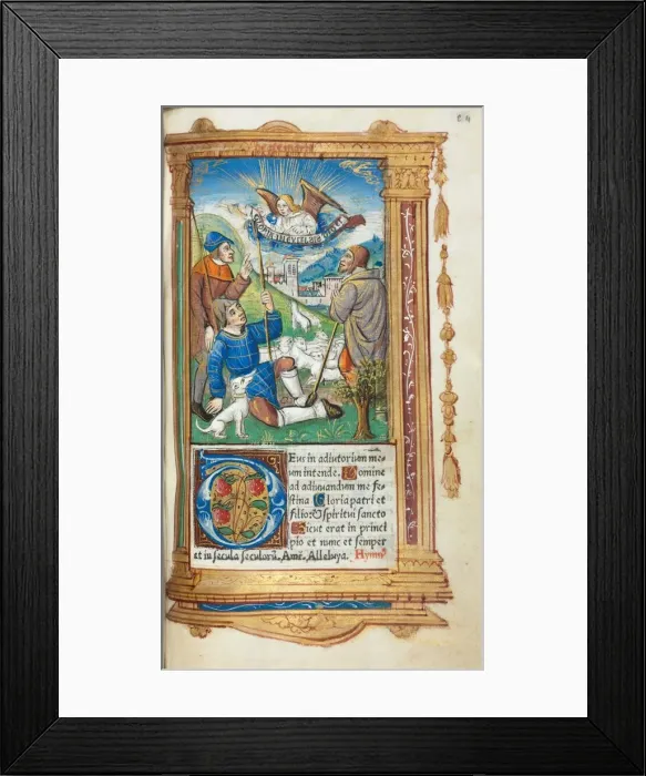 Framed Print : Printed Book of Hours (Use of Rome): fol. 36r, Annunciation to the Shepherds, 1510 Framed Print : Printed Book of Hours (Use of Rome): fol. 36r, Annunciation to the Shepherds, 1510