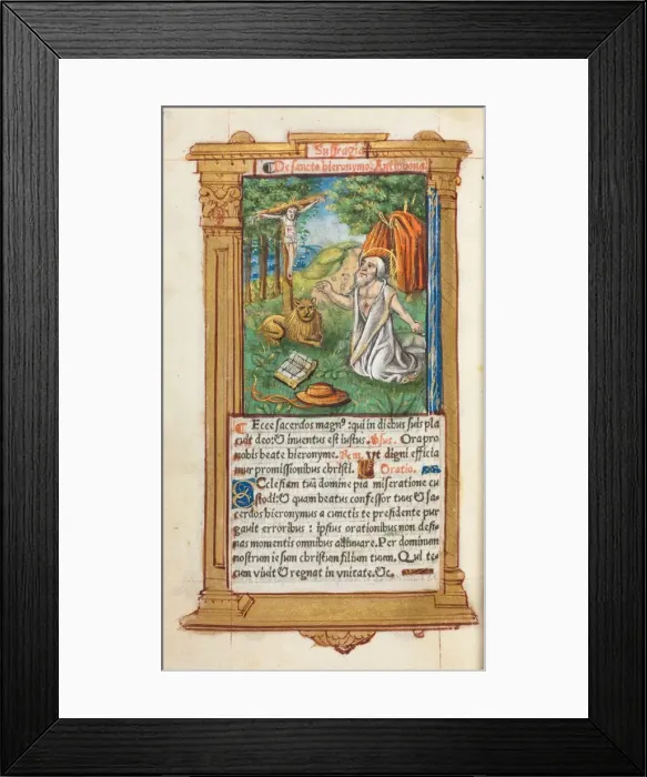 Framed Print : Printed Book of Hours (Use of Rome): fol. 107v, St. Jerome and the Lion, 1510. Creator Framed Print : Printed Book of Hours (Use of Rome): fol. 107v, St. Jerome and the Lion, 1510. Creator