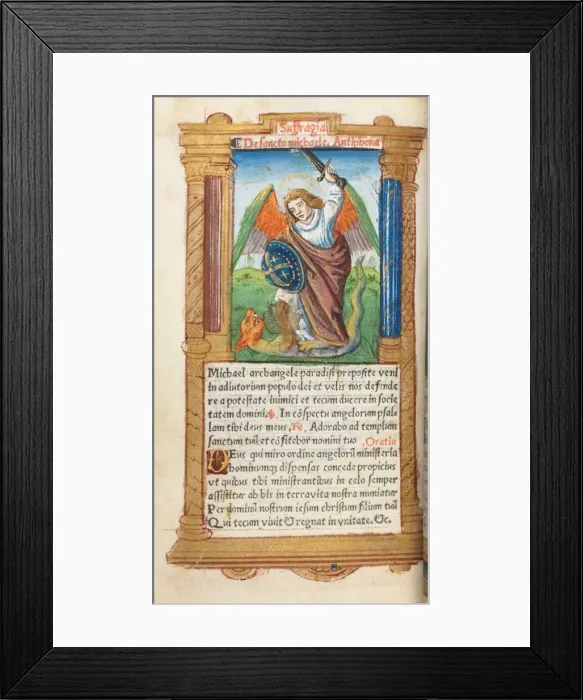 Framed Print : Printed Book of Hours (Use of Rome): fol. 97v, St. Michael the Archangel, 1510. Creator Framed Print : Printed Book of Hours (Use of Rome): fol. 97v, St. Michael the Archangel, 1510. Creator